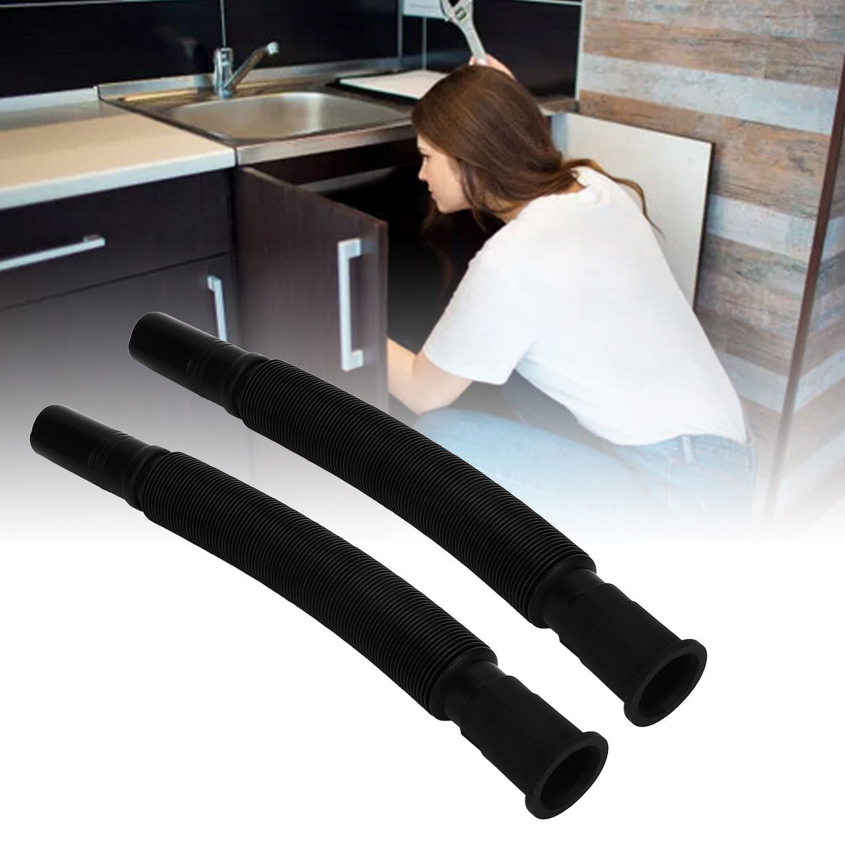 2Pcs Basin Drain Pipe Wash Basin Sink Drain Hose Flexible PVC Water Pipe for Kitchen Bathroom Black