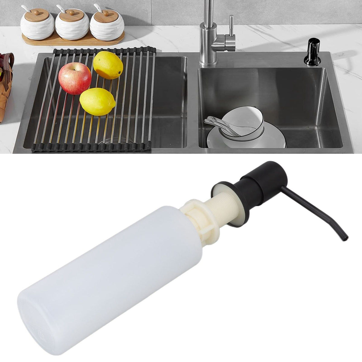 300ml Kitchen Sink Soap Dispenser Stainless Steel 360° Rotation Multifunctional Soap Dispenser for Kitchen Black