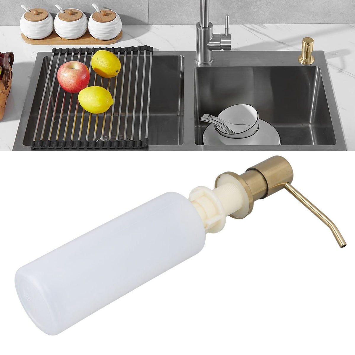 300ml Kitchen Sink Soap Dispenser Stainless Steel 360° Rotation Multifunctional Soap Dispenser for Kitchen Gold