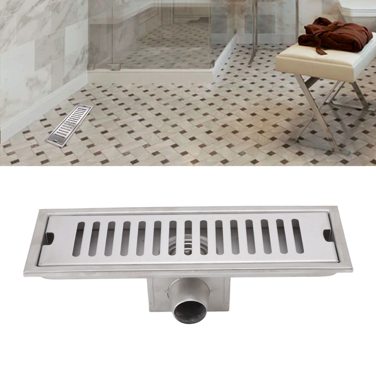 12 Inch Linear Shower Drain Rectangular Shower Floor Drain Channel Quick Drainage with Anti Odor Check Valve for Bathroom Kitchen