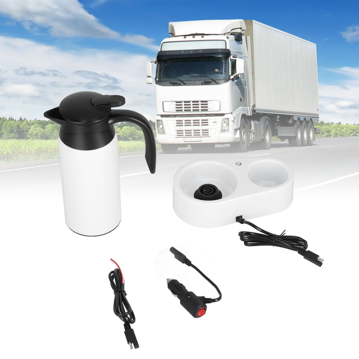 800ml Portable Electric Car Kettles Car Water Dispenser with White Base Silicone Sealing Ring Cover for Travel Boil WaterWhite