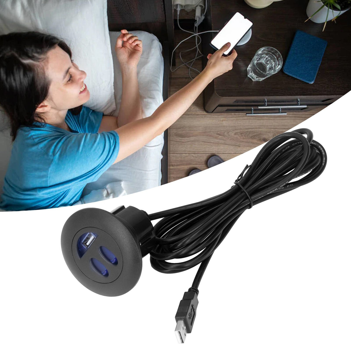 5V USB Charging Socket Outlet with 2.5m/8.2ft Power Cord Embedded Installation for Home Bedside Sofa Recliner