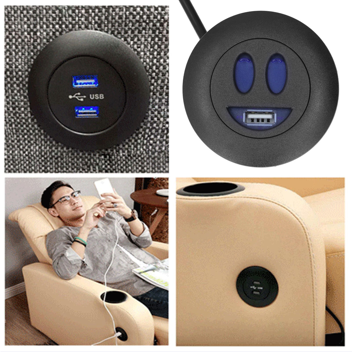 5V USB Charging Socket Outlet with 2.5m/8.2ft Power Cord Embedded Installation for Home Bedside Sofa Recliner
