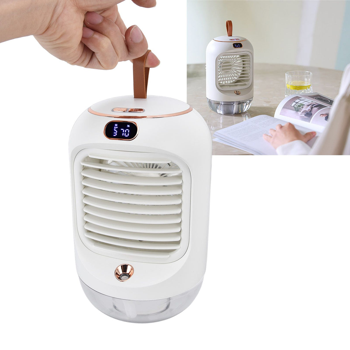Mini Air Conditioner Humidifier Aromather 3 Gears 5 Blades USB Charging Night Light Water Cooling Fan White