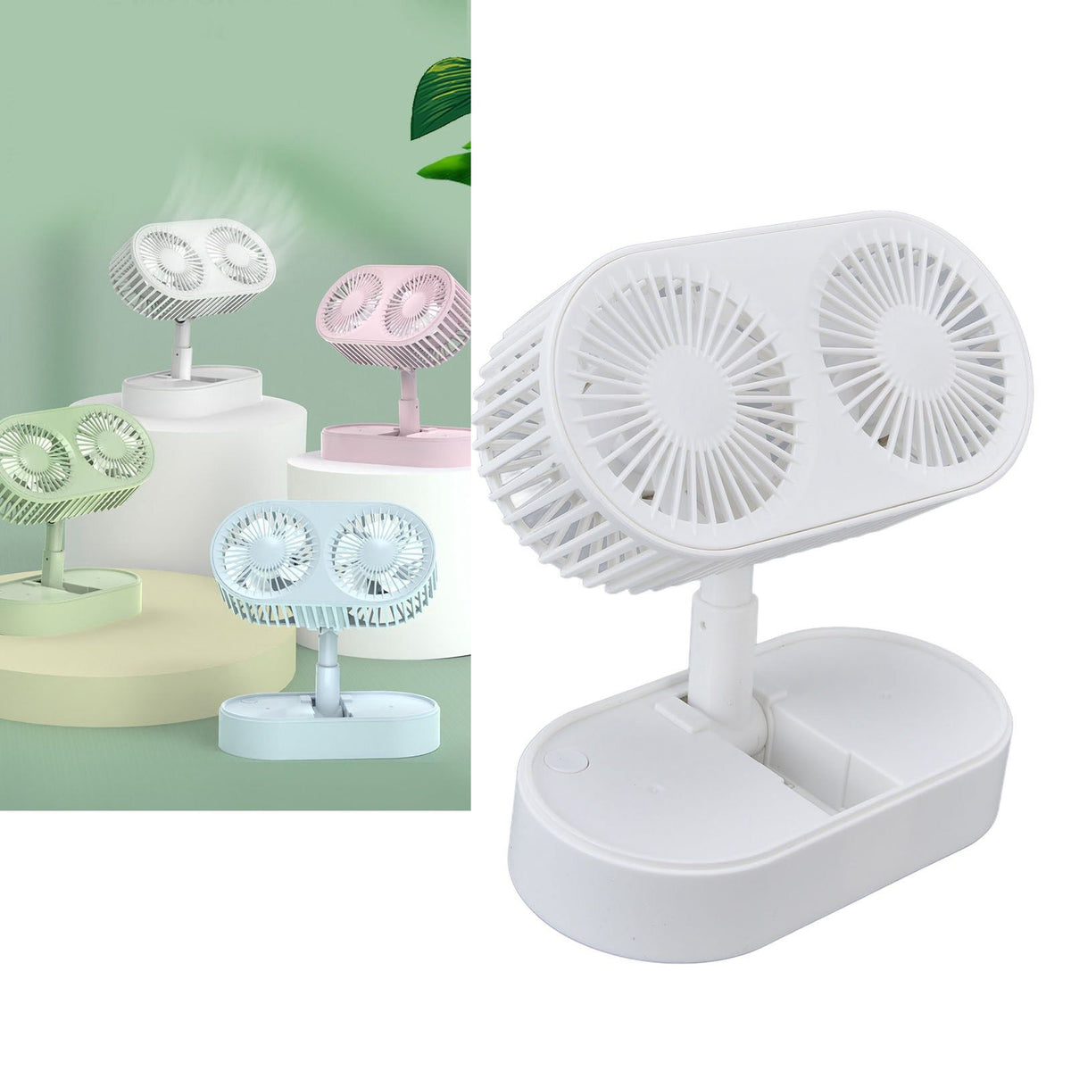 Desktop Double Fan Dual Motor 135° Angle Adjustable Handheld Fan Three Levels Adjustable Low Noise Operation Fan for OfficeWhite