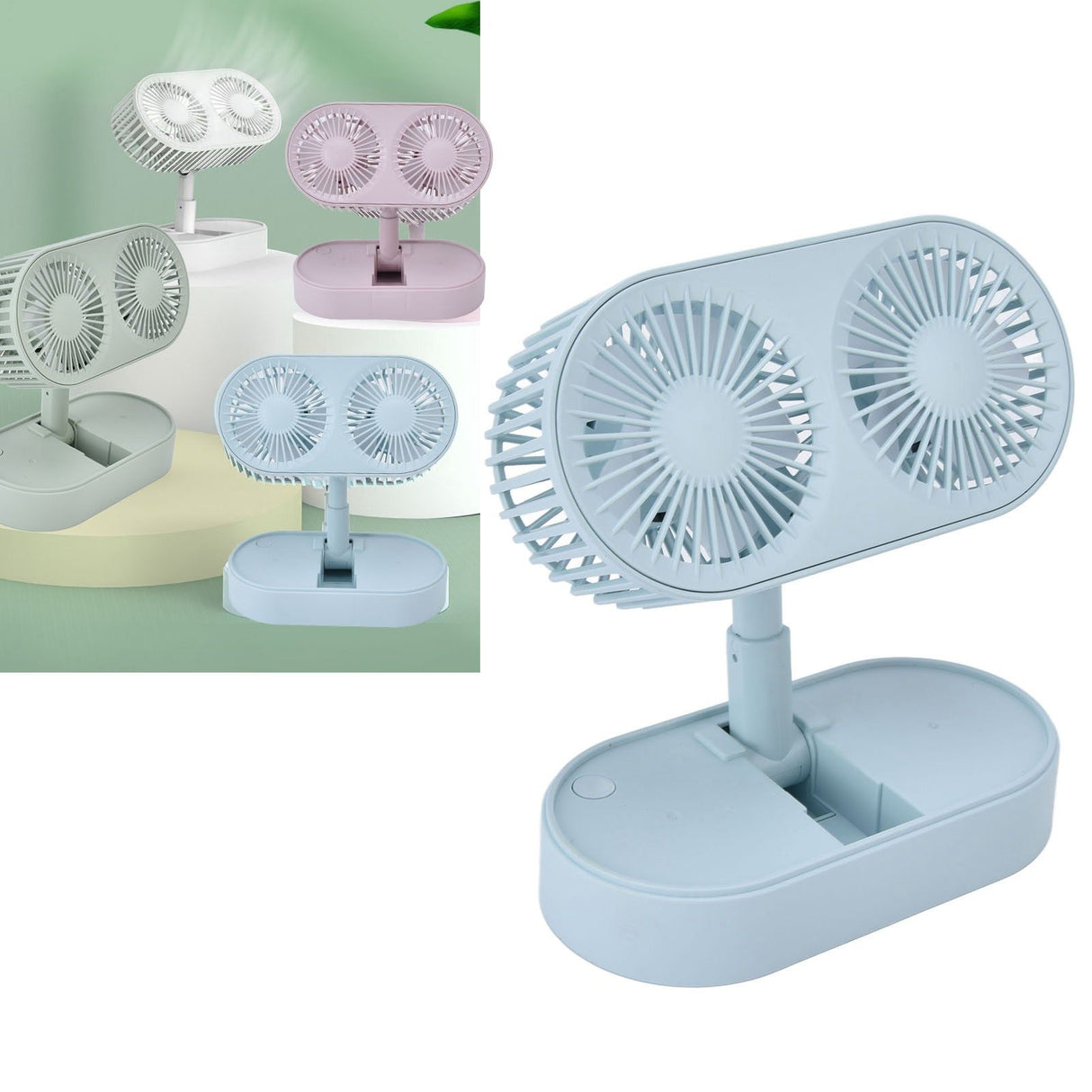Desktop Double Fan Dual Motor 135° Angle Adjustable Handheld Fan Three Levels Adjustable Low Noise Operation Fan for OfficeBlue