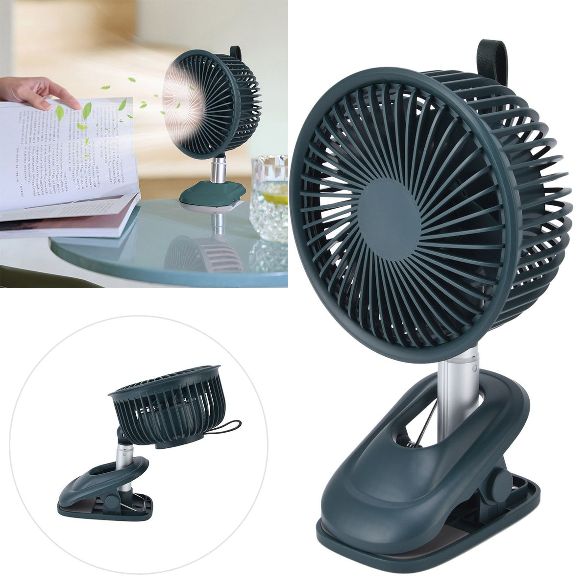 Clip On Fan 360 Degrees Adjustment Clip On USB Charging 3 Speed Modes Strong Airflow Sturdy Clamp Small Desk Fan Green