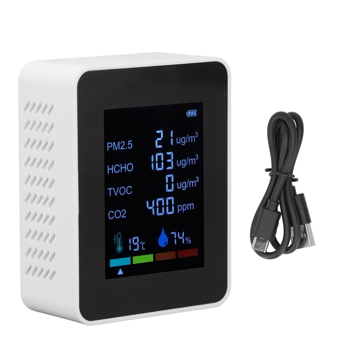 Multifunctional 6 in 1 CO2 Meter Air Quality Monitor Temperature PM2.5 TVOC HCHO Detector USB Charging White
