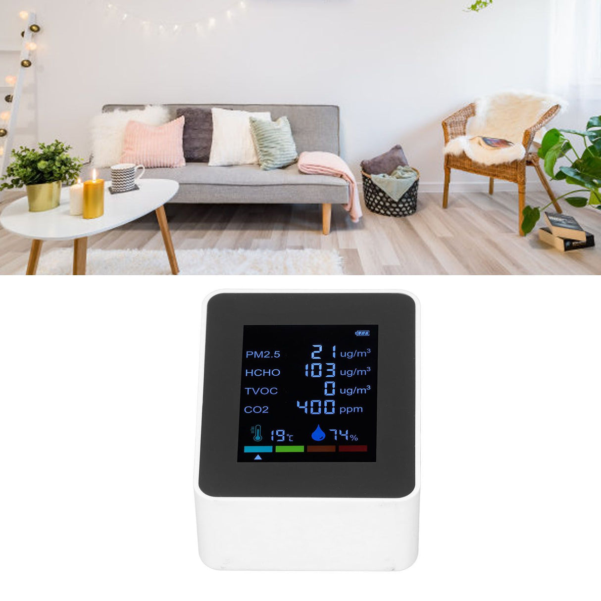 Multifunctional 6 in 1 CO2 Meter Air Quality Monitor Temperature PM2.5 TVOC HCHO Detector USB Charging White