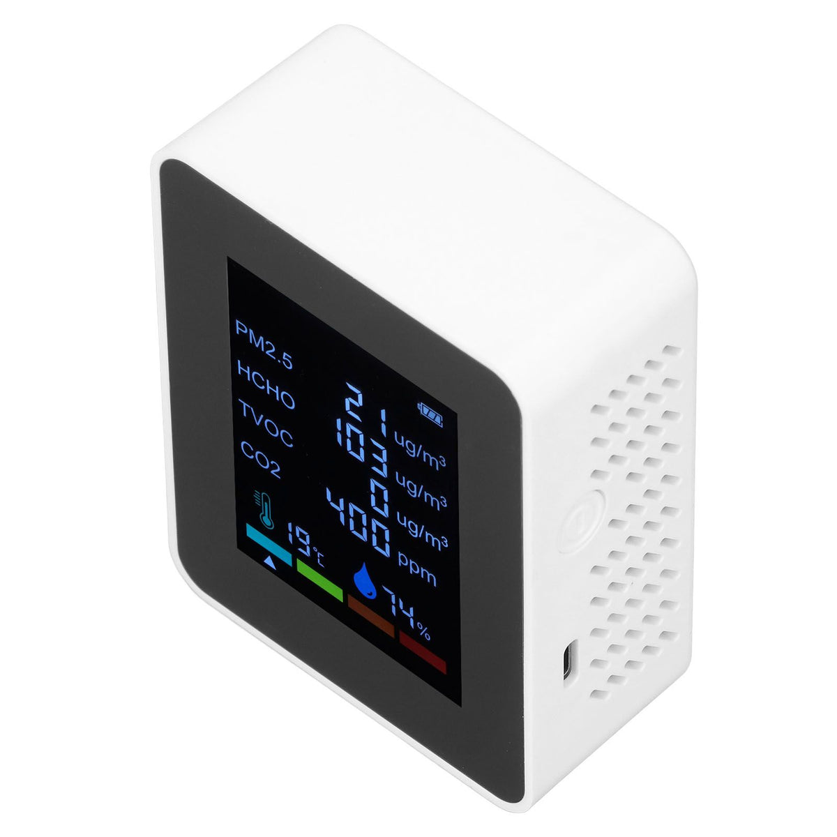 Multifunctional 6 in 1 CO2 Meter Air Quality Monitor Temperature PM2.5 TVOC HCHO Detector USB Charging White