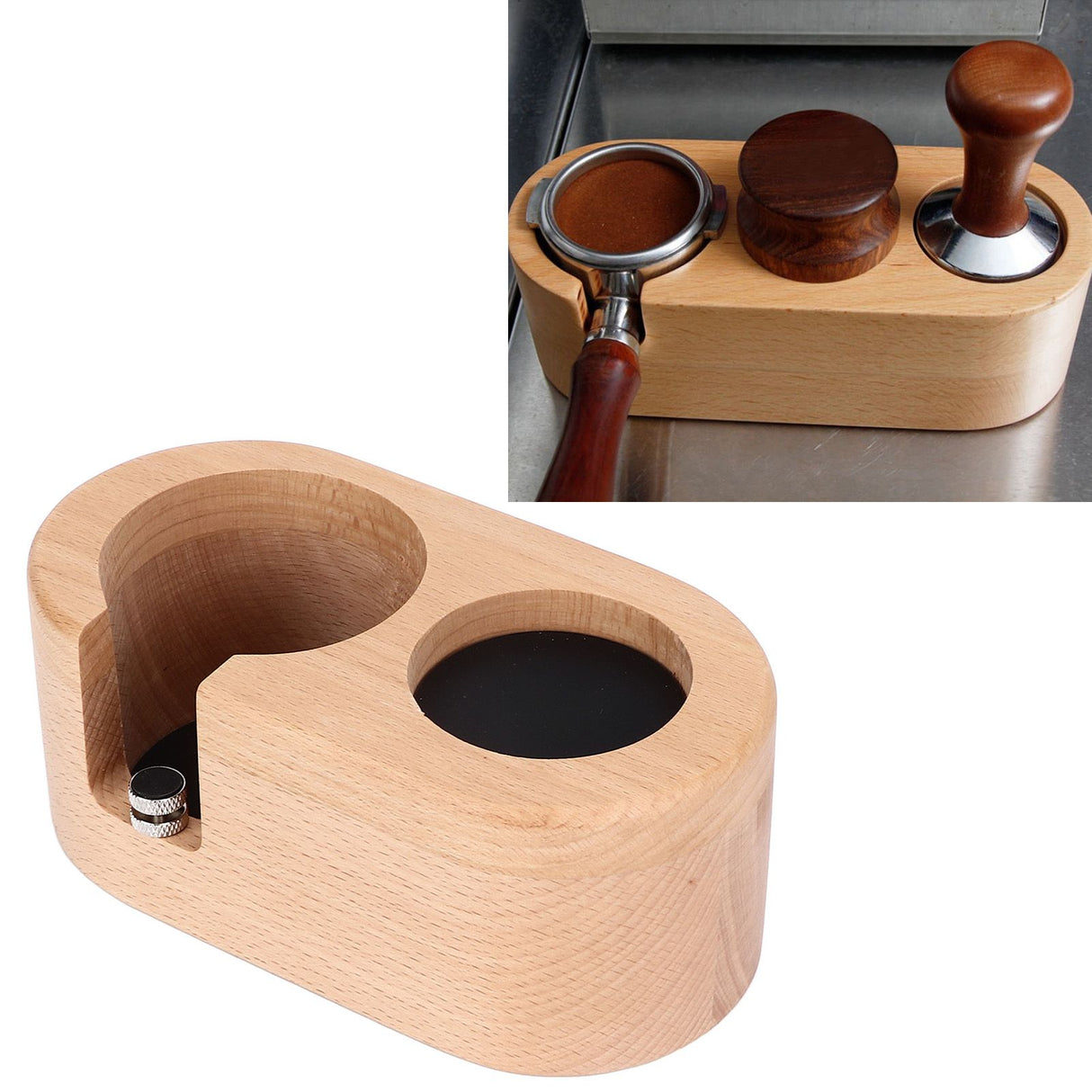 Coffee Filter Tamper Holder 58mm Aperture Coffee Knock Box Wood Texture Wooden Coffee Tamping Station with Nonslip Feet