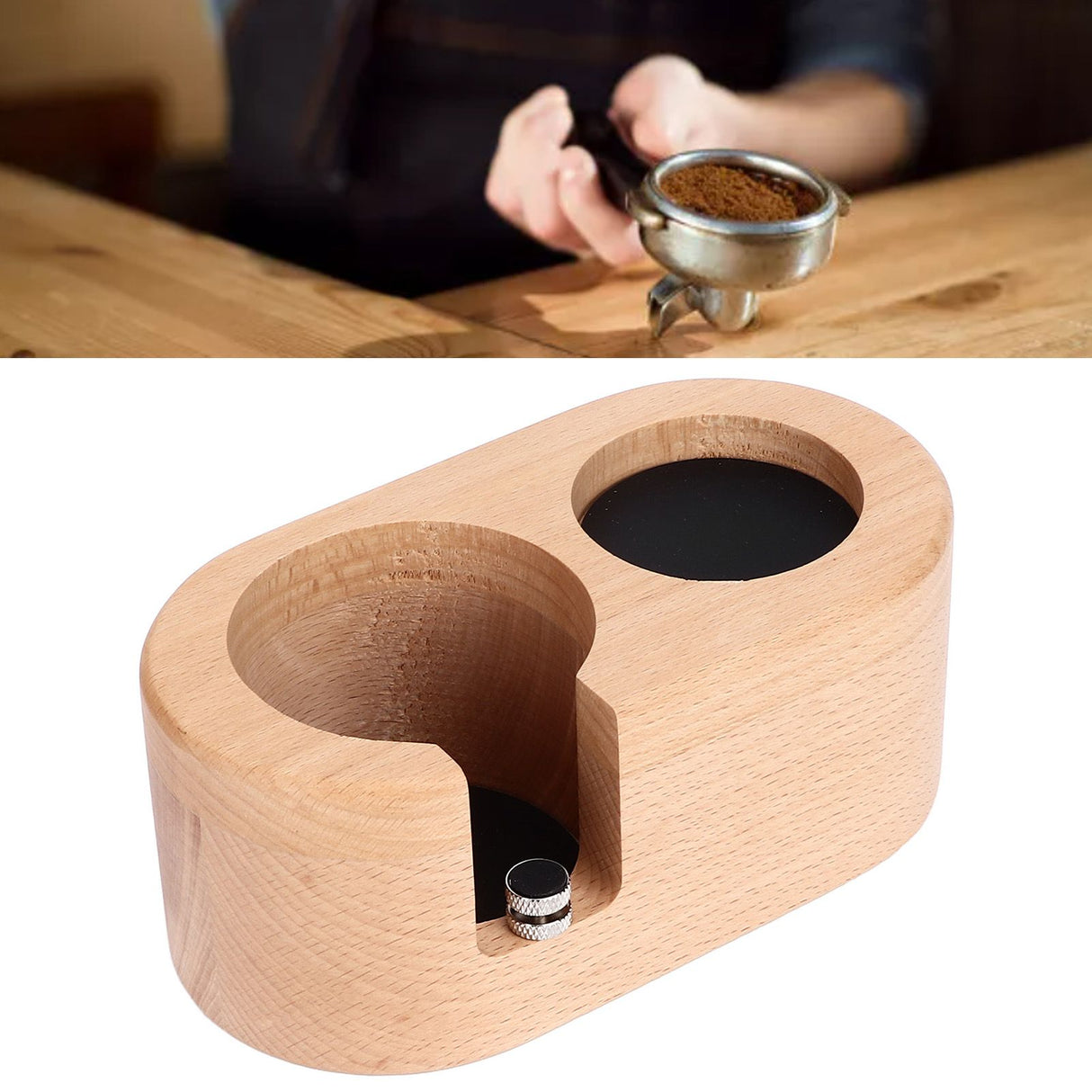 Coffee Filter Tamper Holder 58mm Aperture Coffee Knock Box Wood Texture Wooden Coffee Tamping Station with Nonslip Feet