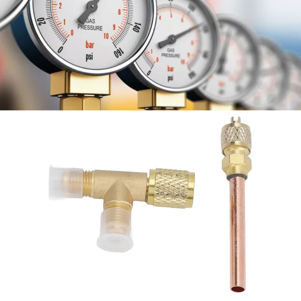 1/4in SAE Tee Adapter Built in Valve Core Quick Connection Double Sealing for R22 R12 R134 Vacuum Gauge