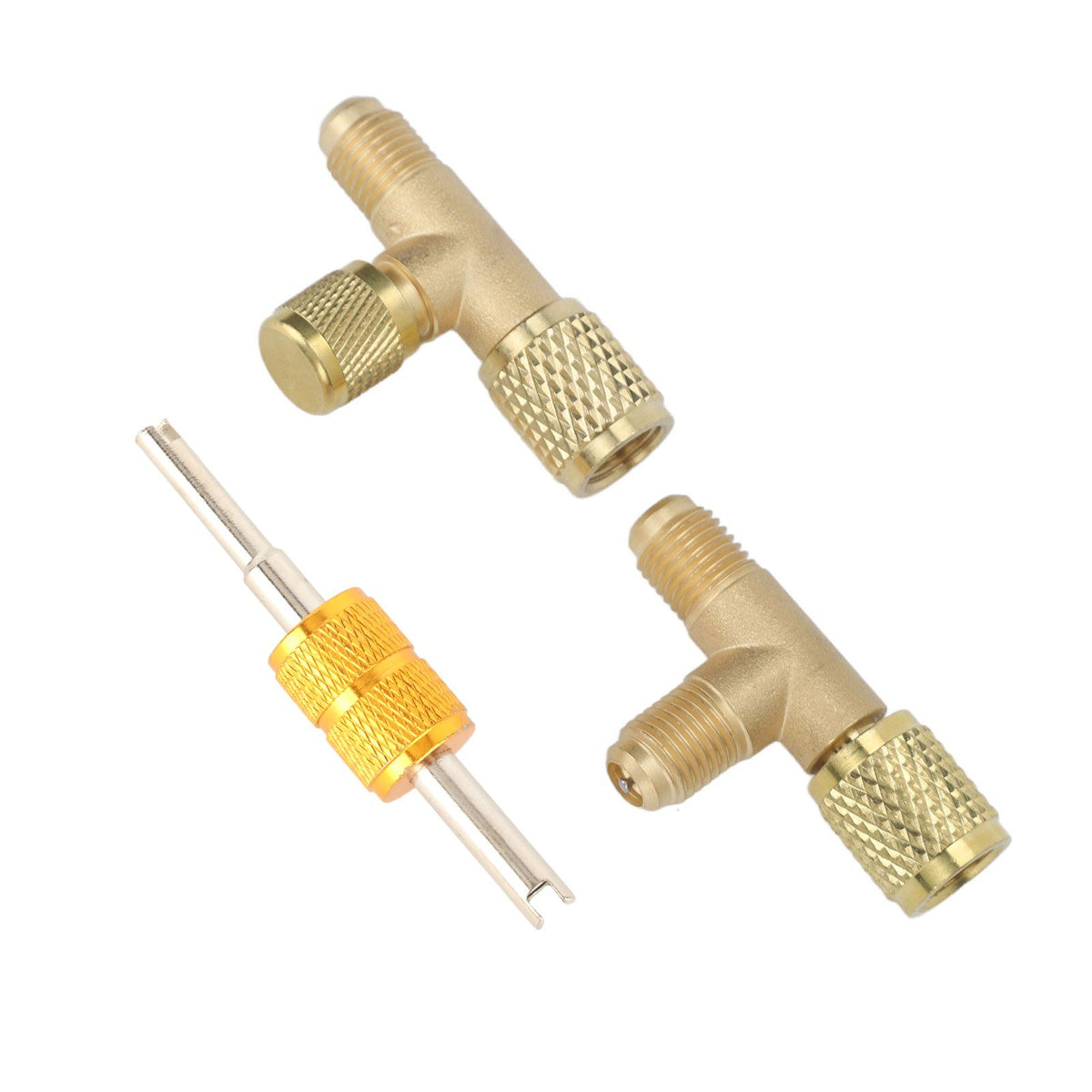 1/4in Valves Core Brass Tee Adapter Quick Coupler Access Tee Fittings for Vacuum Gauge R22 R12 R134 Refrigerant