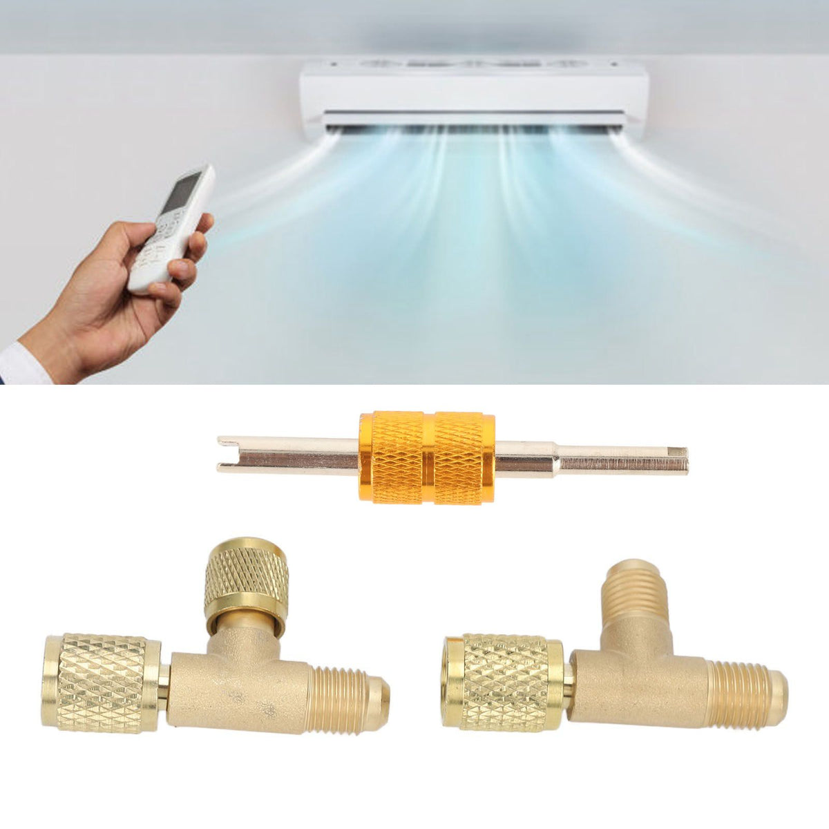 1/4in Valves Core Brass Tee Adapter Quick Coupler Access Tee Fittings for Vacuum Gauge R22 R12 R134 Refrigerant