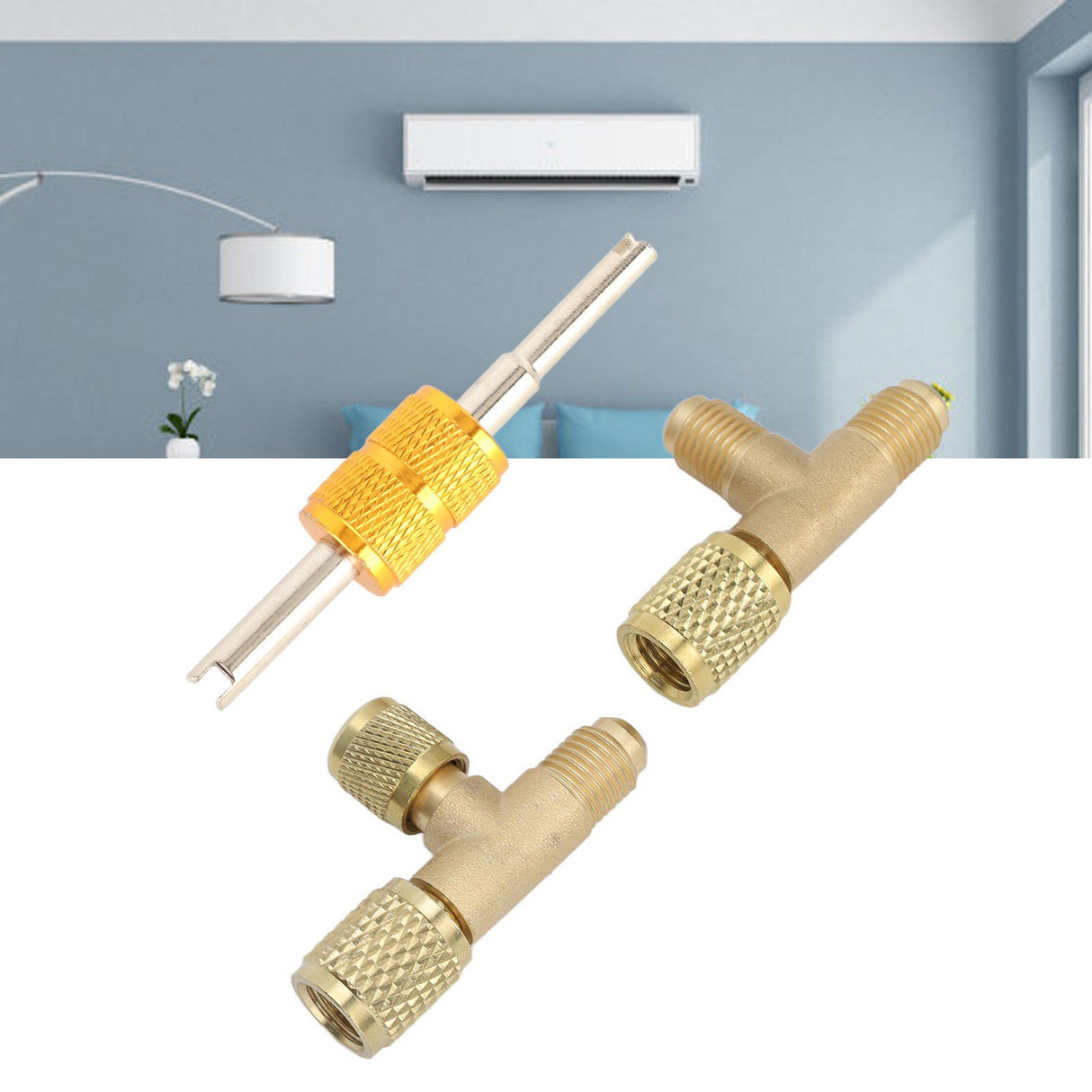 1/4in Valves Core Brass Tee Adapter Quick Coupler Access Tee Fittings for Vacuum Gauge R22 R12 R134 Refrigerant