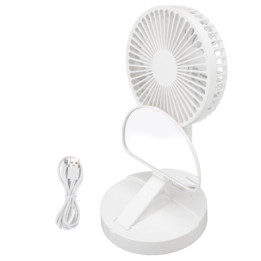 USB Desktop Fan Foldable Rechargeable Battery Makeup Mirror Function Bottom Silicone 3 Speeds White Mini Fan
