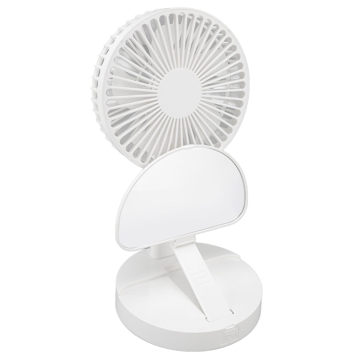 USB Desktop Fan Foldable Rechargeable Battery Makeup Mirror Function Bottom Silicone 3 Speeds White Mini Fan