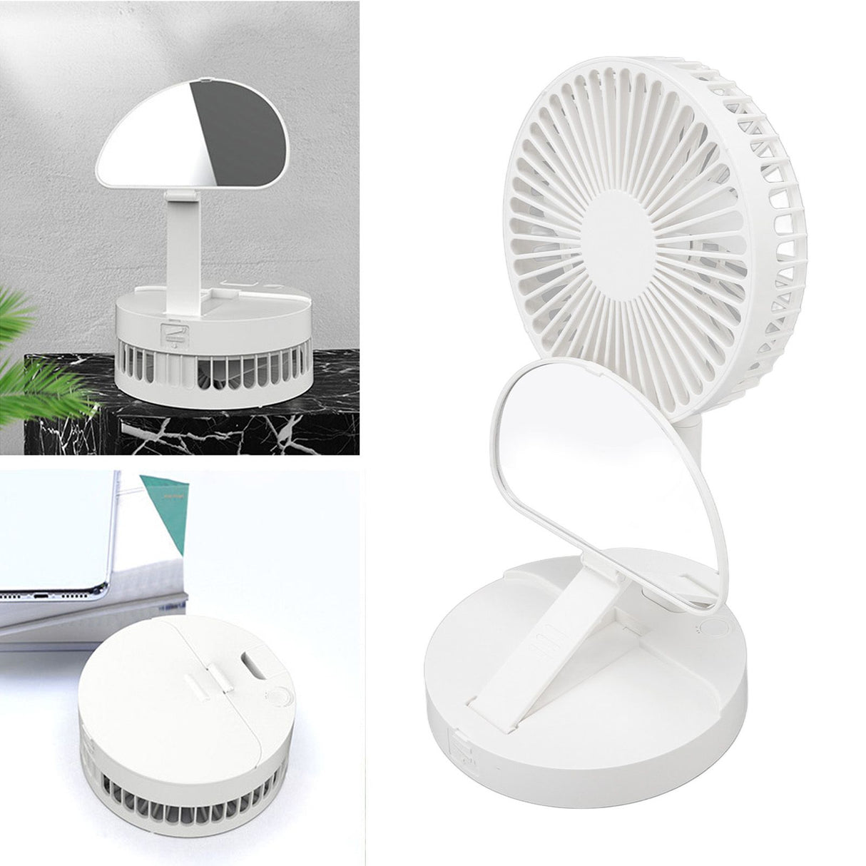 USB Desktop Fan Foldable Rechargeable Battery Makeup Mirror Function Bottom Silicone 3 Speeds White Mini Fan