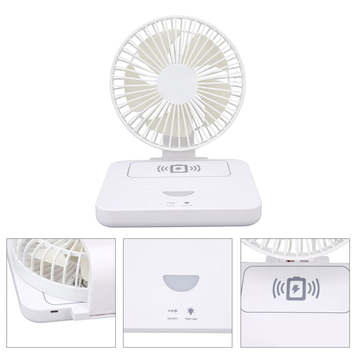 USB Desk Fan Support Wireless Phone Charging Dimmable Night Light 3 Speeds 180 Degrees Adjustable Small Desk Fan