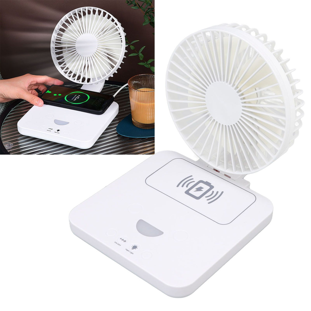 USB Desk Fan Support Wireless Phone Charging Dimmable Night Light 3 Speeds 180 Degrees Adjustable Small Desk Fan