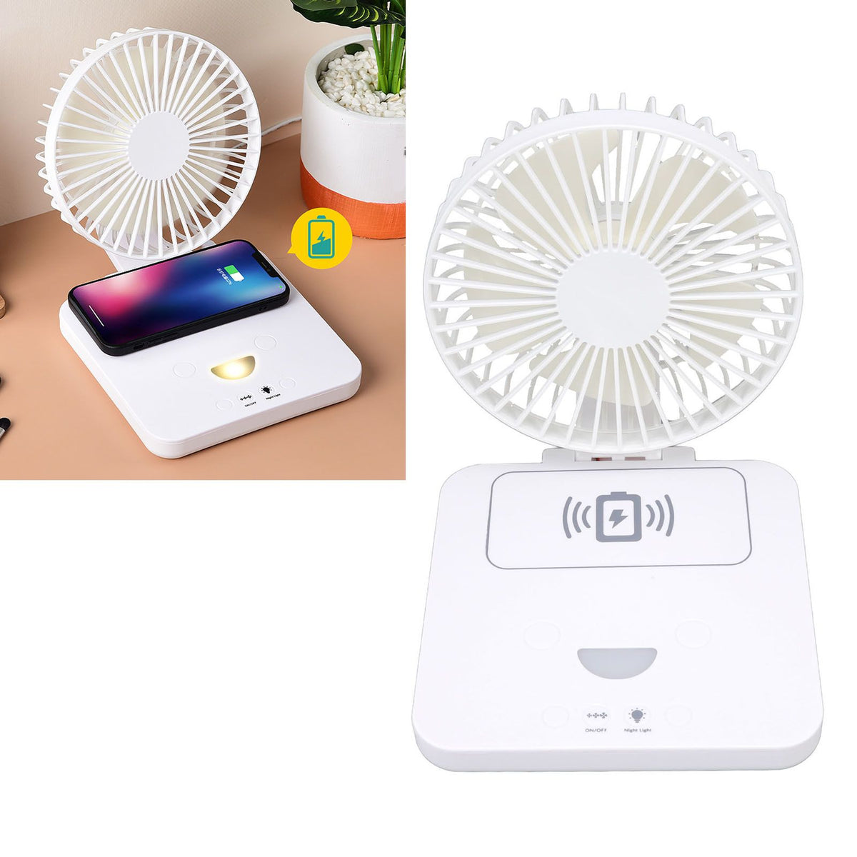 USB Desk Fan Support Wireless Phone Charging Dimmable Night Light 3 Speeds 180 Degrees Adjustable Small Desk Fan