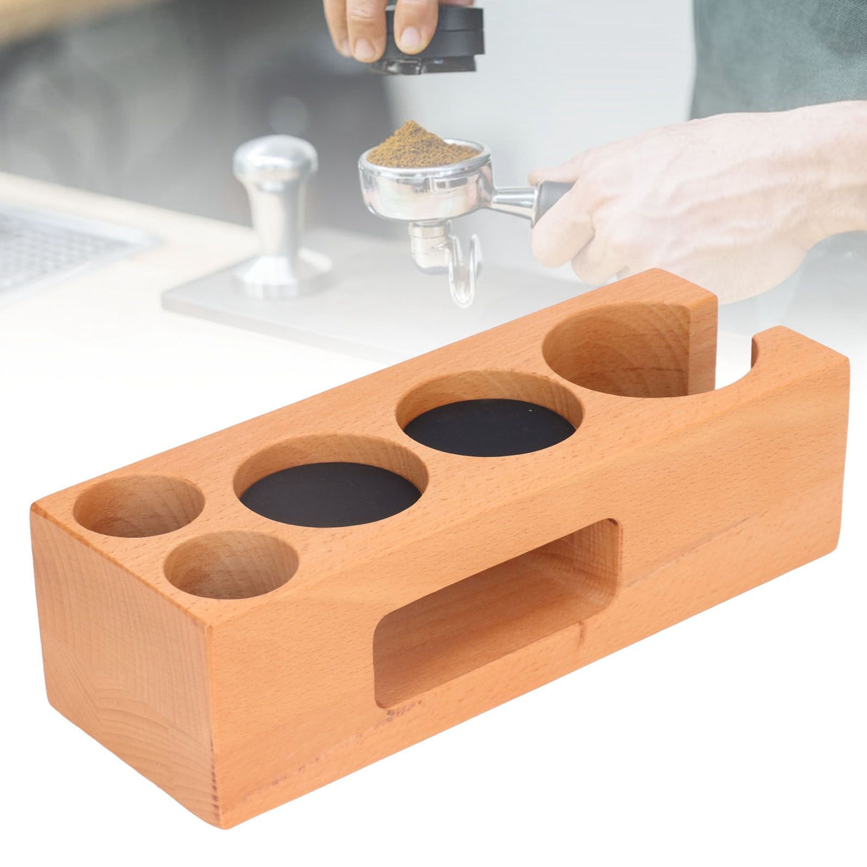 Wood Coffee Filter Tamper Holder Multifunction Wooden Coffee Tamper Mat for 2.3in Coffee Machine Handle Bracket