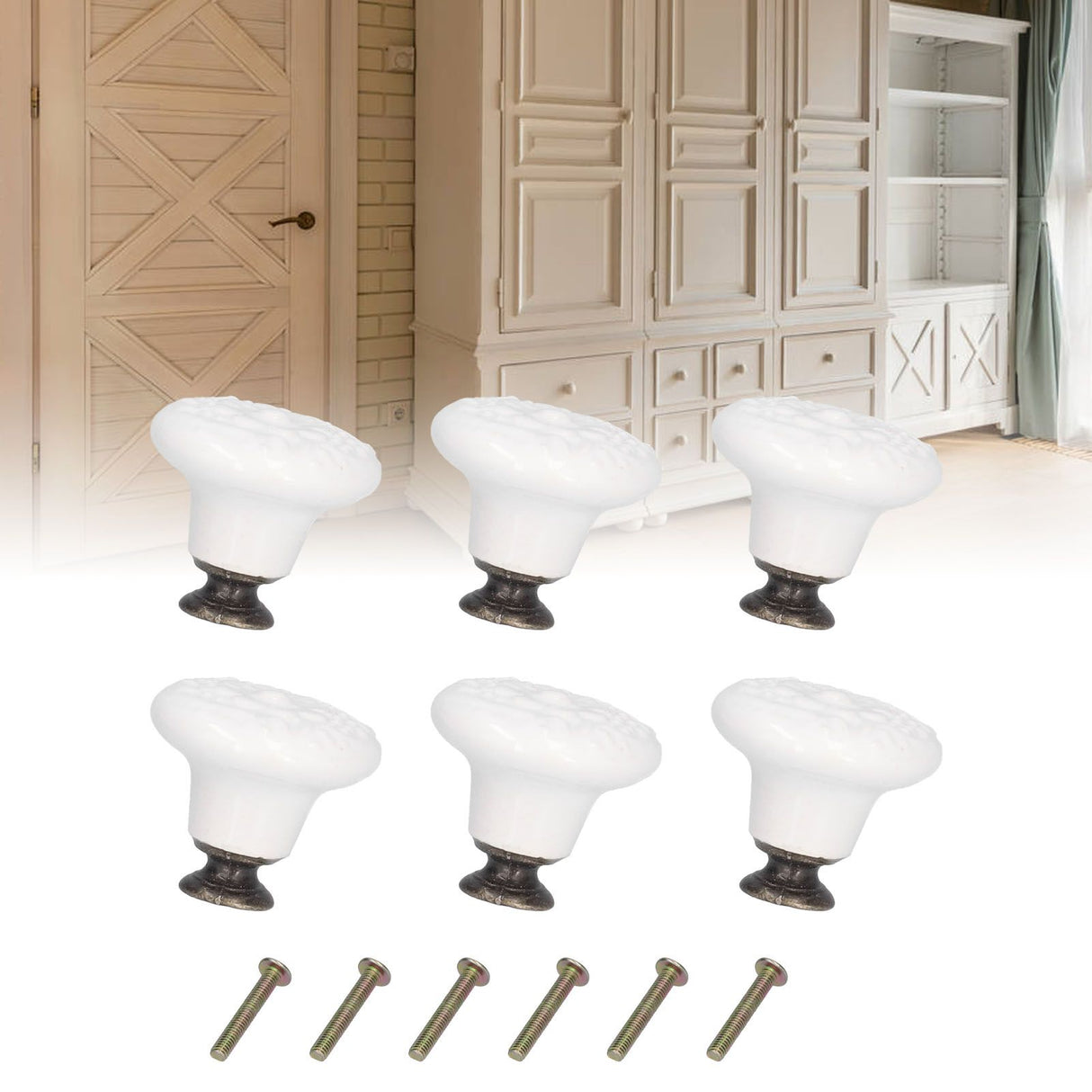 6Pcs Round Ceramic Cabinet Knobs Exquisite Single Hole Pull Handle for Drawer Cupboard DoorWhite