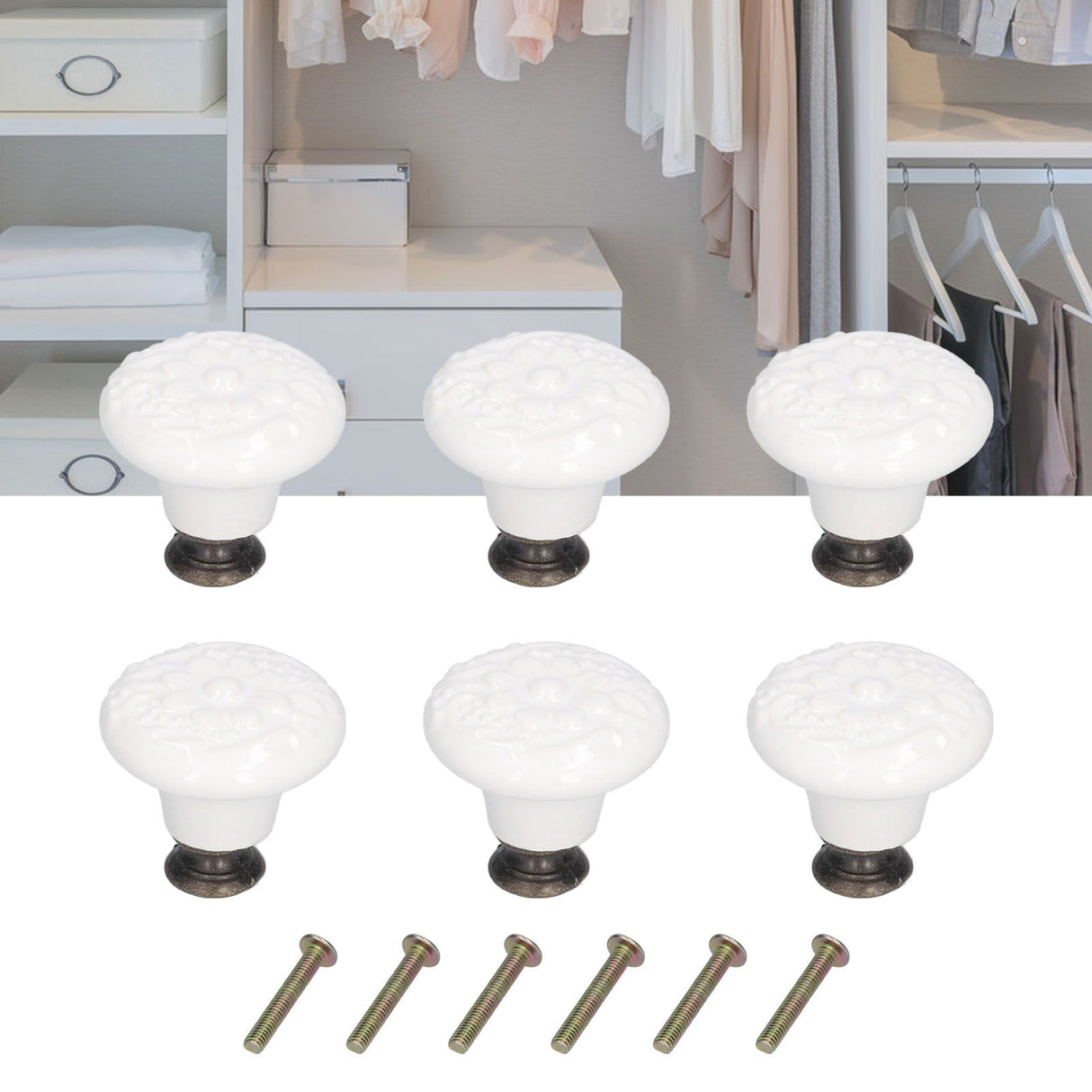 6Pcs Round Ceramic Cabinet Knobs Exquisite Single Hole Pull Handle for Drawer Cupboard DoorWhite