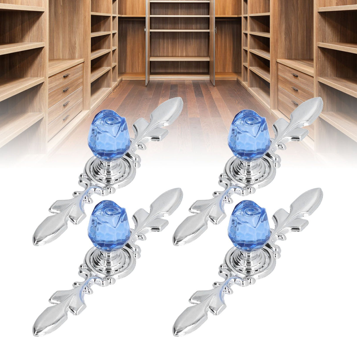 4 Pcs Crystal Handle with Plate European Style Modern Simple Pulls Handles for Drawer Dreser CabinetsBlue