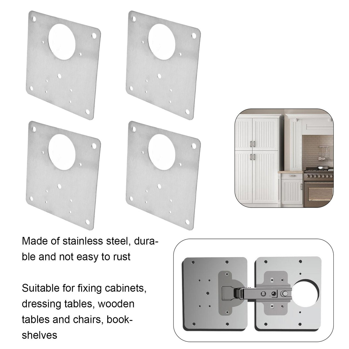 4Set Hinge Plate Stainless Steel Hinge Side Plate Cabinet Door Hinge Repair Bracket for Home Kitchen