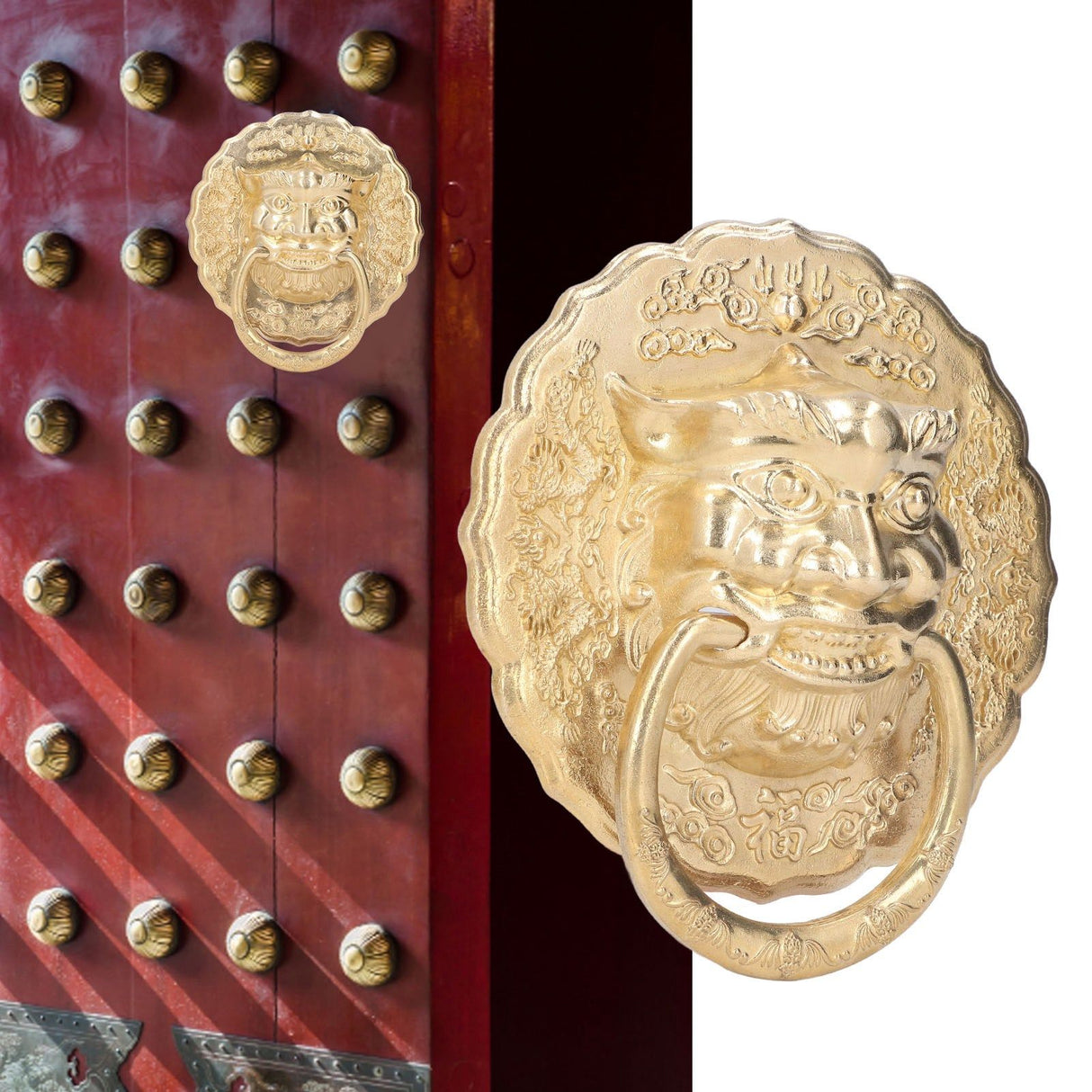 Door Knocker Brass Material Bronze Collision Resistance Chinese Animal Head Pull Ring for Wooden Door Courtyard