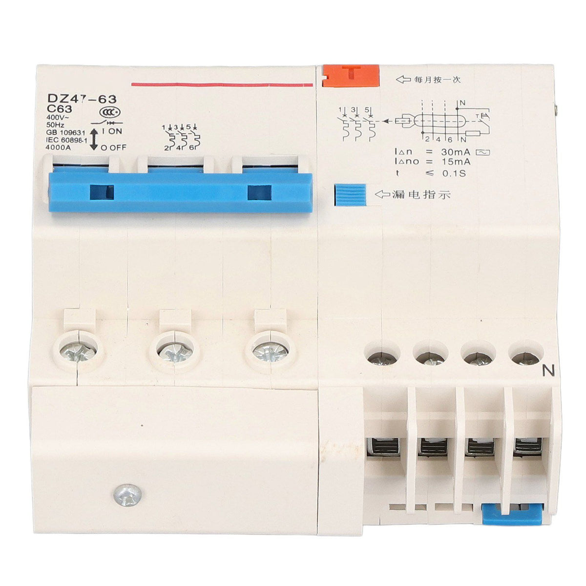 Circuit Breaker 3P 63A 220V Overload Short Circuit Leakage Protection Residual Current Circuit Breaker for 50/60Hz