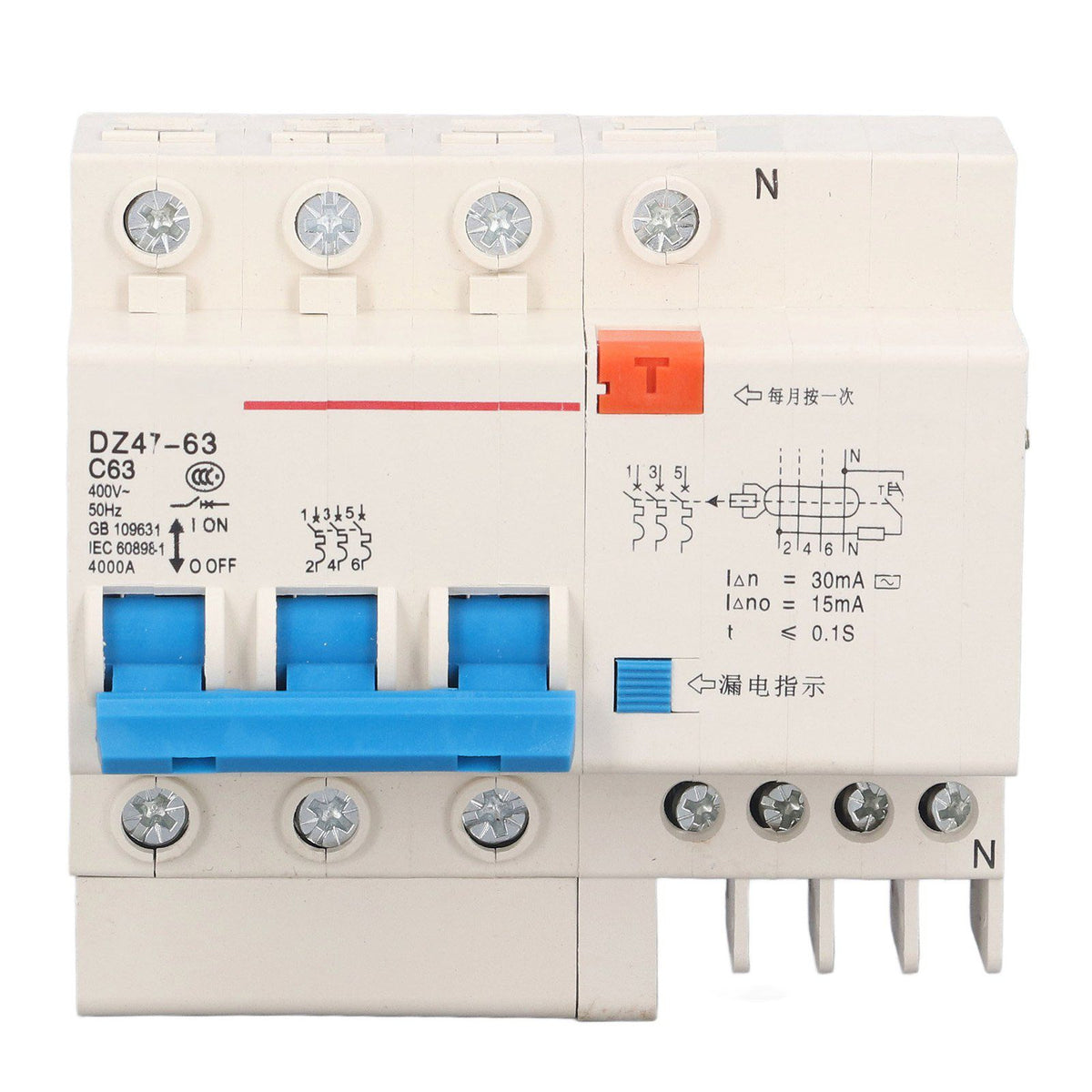 Circuit Breaker 3P 63A 220V Overload Short Circuit Leakage Protection Residual Current Circuit Breaker for 50/60Hz