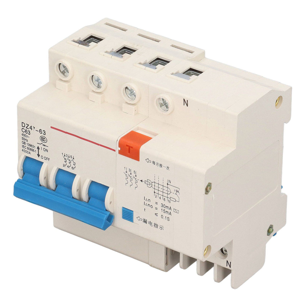 Circuit Breaker 3P 63A 220V Overload Short Circuit Leakage Protection Residual Current Circuit Breaker for 50/60Hz