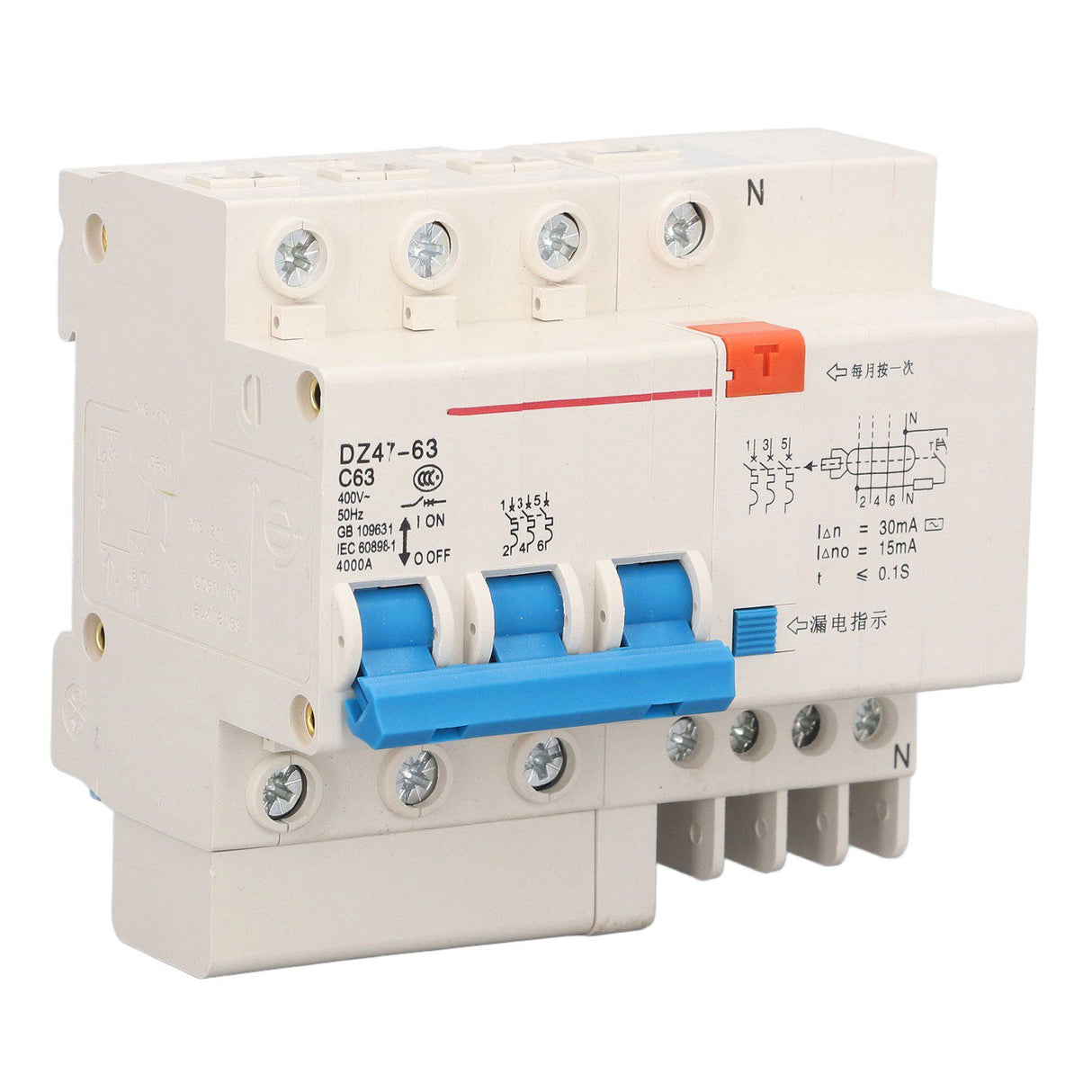 Circuit Breaker 3P 63A 220V Overload Short Circuit Leakage Protection Residual Current Circuit Breaker for 50/60Hz