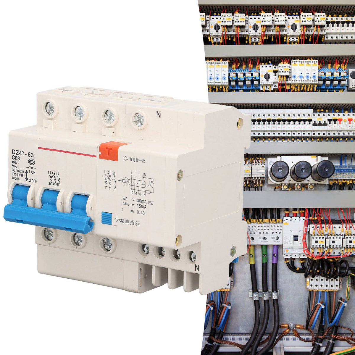 Circuit Breaker 3P 63A 220V Overload Short Circuit Leakage Protection Residual Current Circuit Breaker for 50/60Hz