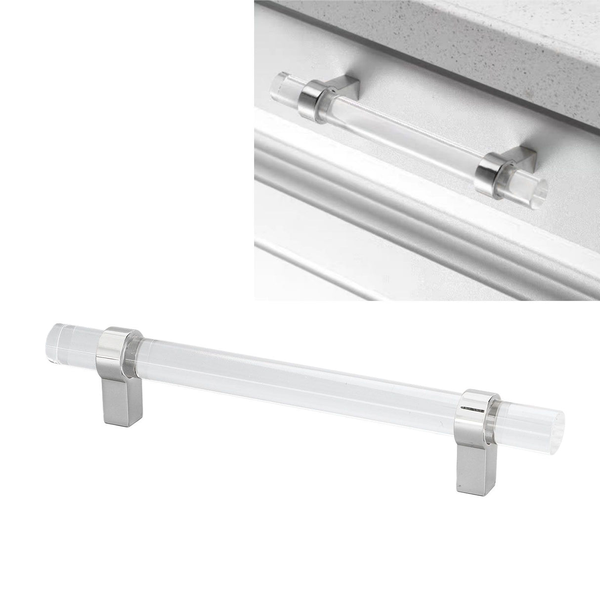 Crystal Acrylic Handle Modern Transparent Drawer Pull Handle for Closets Bookcases Shoe Cabinet Hole Spacing128 Silver