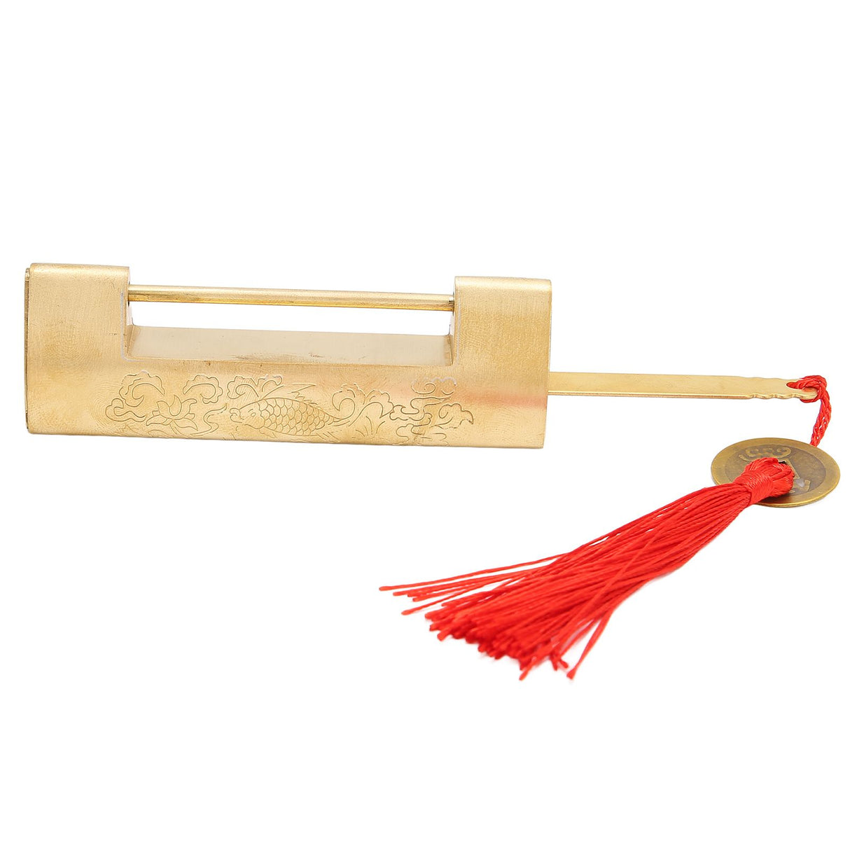 Brass Antique Padlock Spacing 5.9cm Exquisite Rustproof Chinese Old Style Fish Horizontal Padlock for Jewelry Boxes Brass Colour