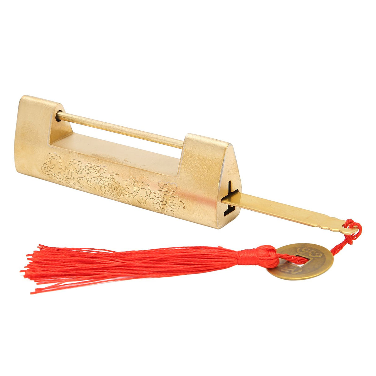 Brass Antique Padlock Spacing 5.9cm Exquisite Rustproof Chinese Old Style Fish Horizontal Padlock for Jewelry Boxes Brass Colour