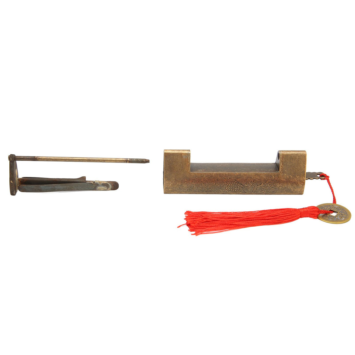 Brass Antique Padlock Spacing 5.9cm Exquisite Rustproof Chinese Old Style Fish Horizontal Padlock for Jewelry Boxes Bronze
