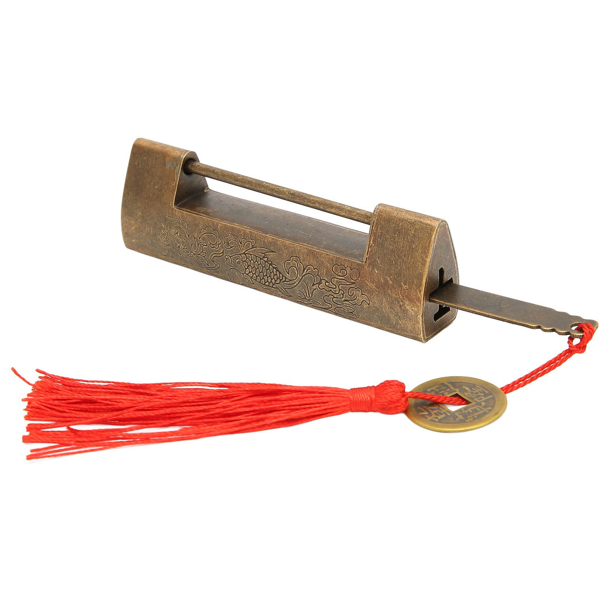 Brass Antique Padlock Spacing 5.9cm Exquisite Rustproof Chinese Old Style Fish Horizontal Padlock for Jewelry Boxes Bronze