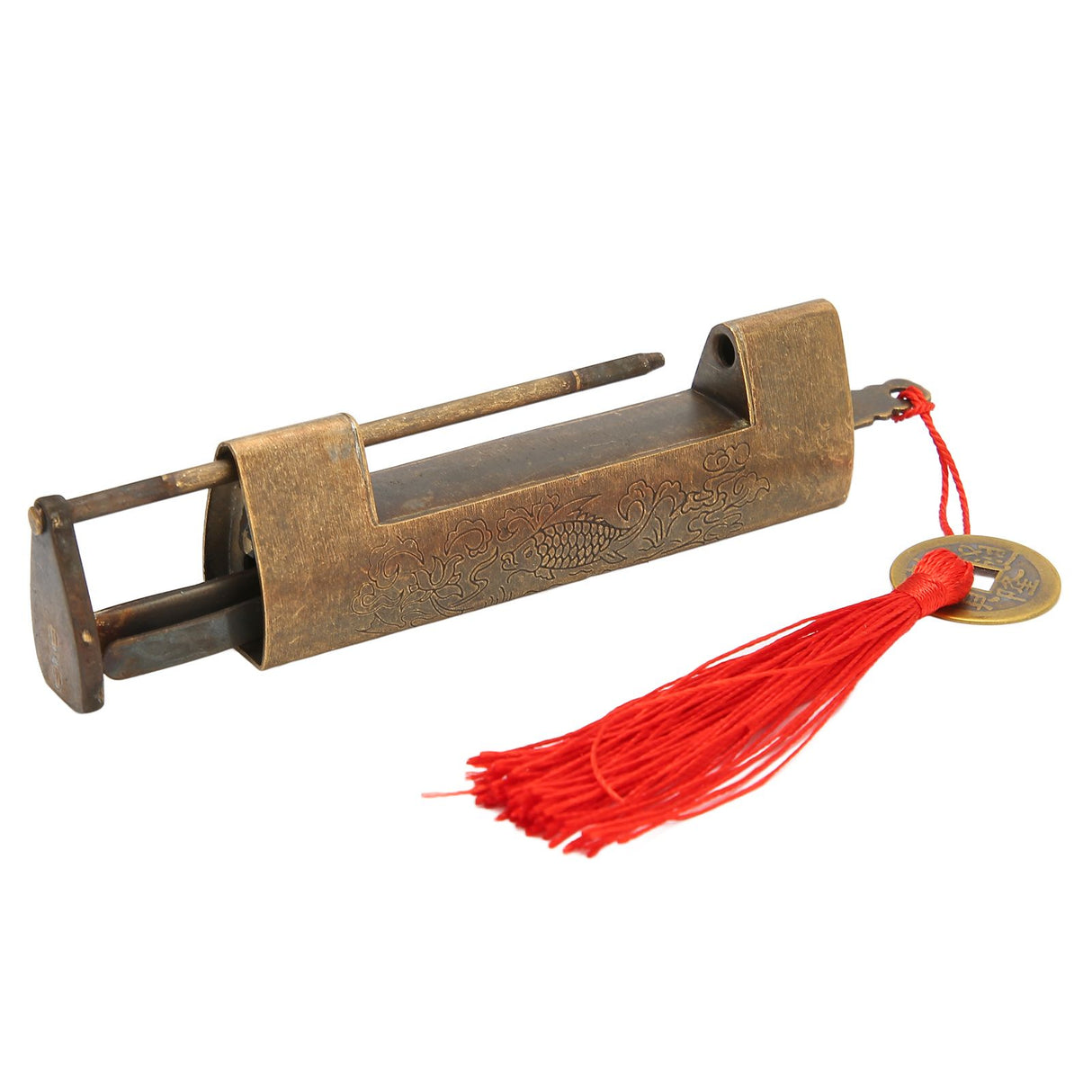 Brass Antique Padlock Spacing 5.9cm Exquisite Rustproof Chinese Old Style Fish Horizontal Padlock for Jewelry Boxes Bronze
