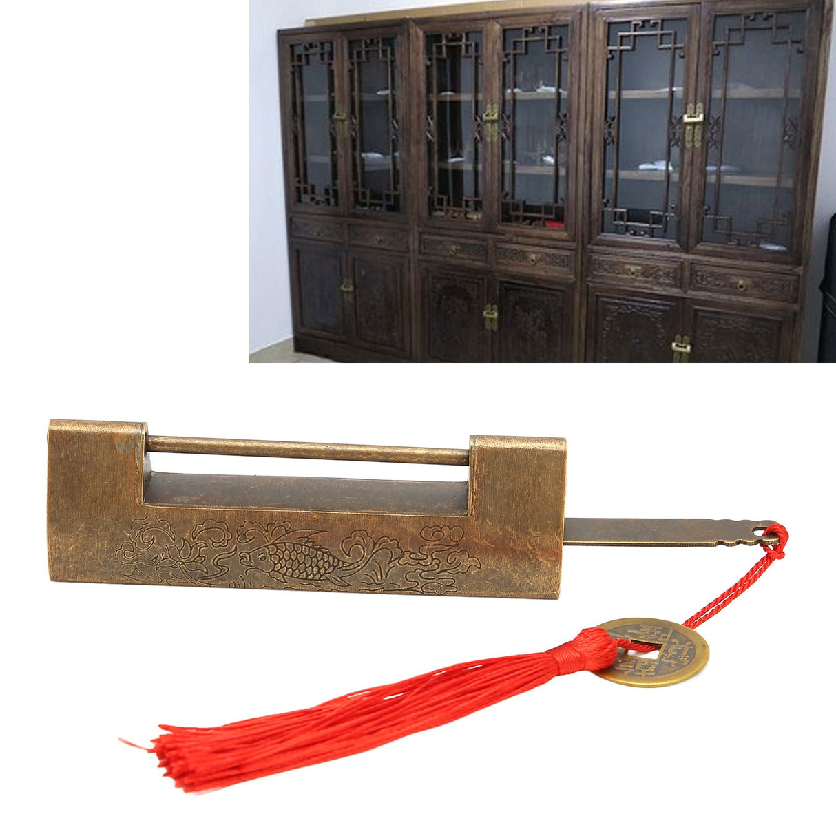 Brass Antique Padlock Spacing 5.9cm Exquisite Rustproof Chinese Old Style Fish Horizontal Padlock for Jewelry Boxes Bronze