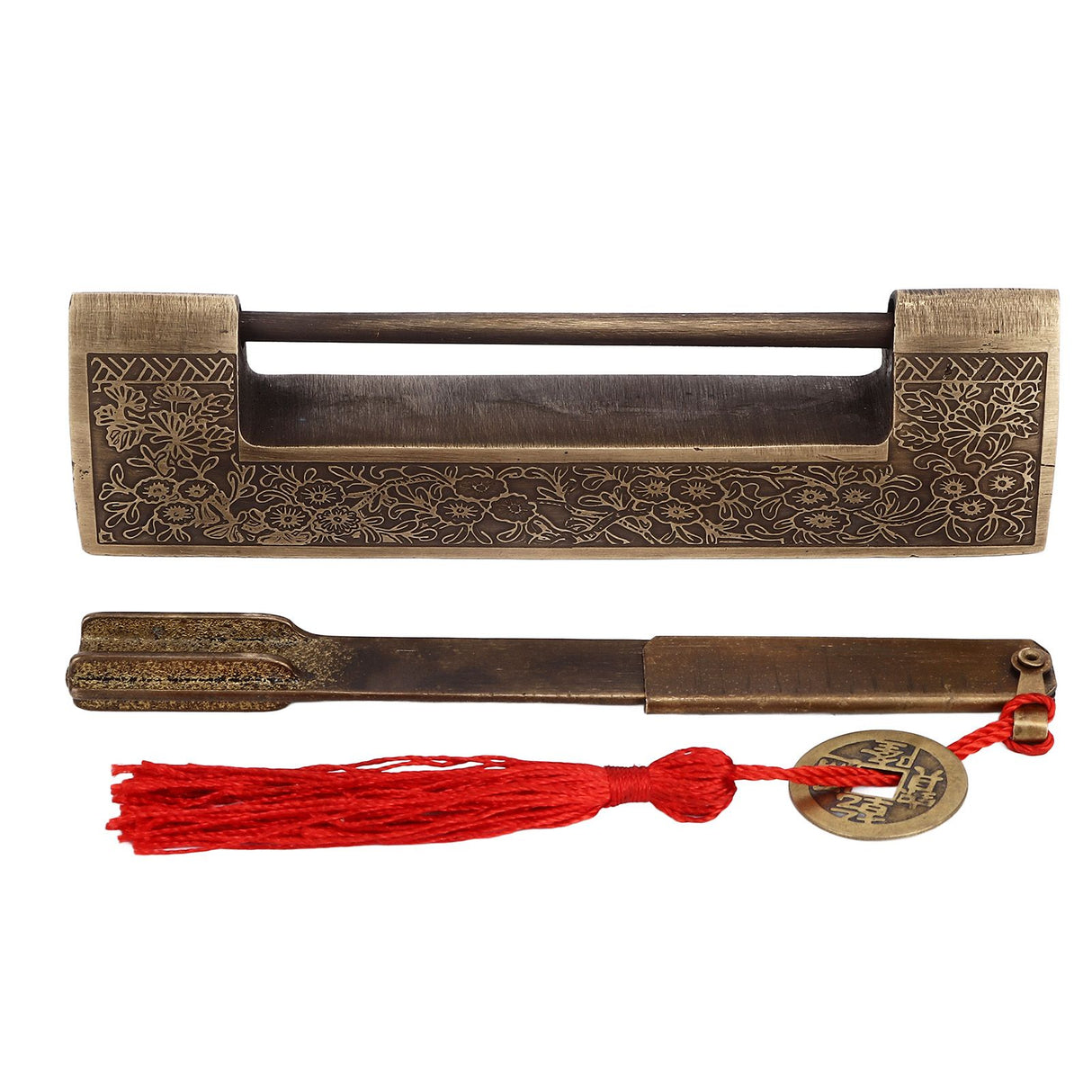 Chinese Antique Lock Retro Spacing 9cm/3.5in Classic Pattern Brass Horizontal Padlock Lock for Gift Boxes Cabinets
