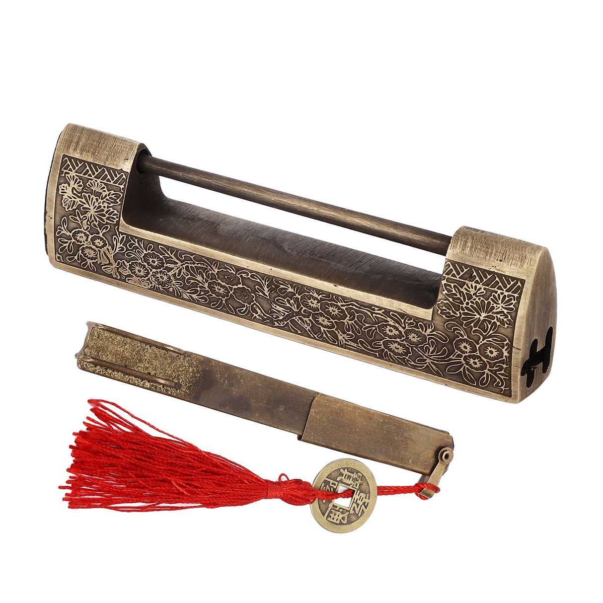 Chinese Antique Lock Retro Spacing 9cm/3.5in Classic Pattern Brass Horizontal Padlock Lock for Gift Boxes Cabinets