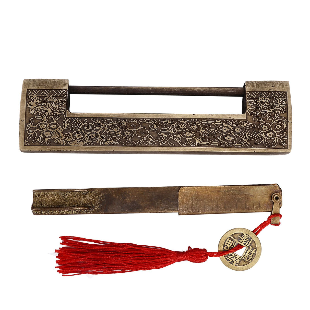 Chinese Antique Lock Retro Spacing 9cm/3.5in Classic Pattern Brass Horizontal Padlock Lock for Gift Boxes Cabinets