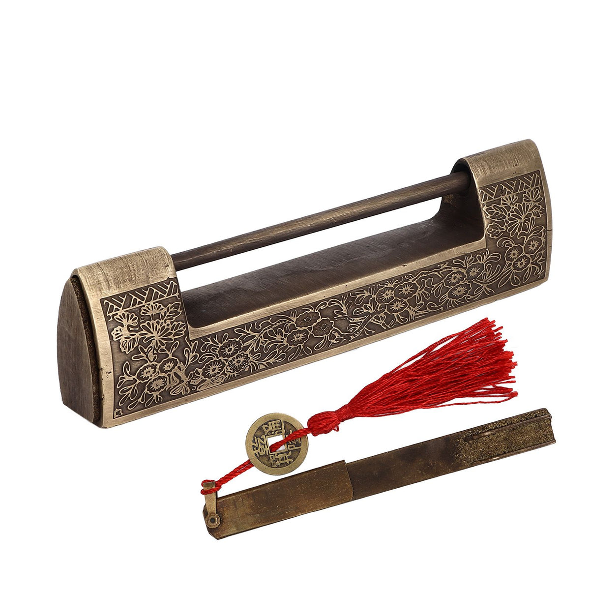 Chinese Antique Lock Retro Spacing 9cm/3.5in Classic Pattern Brass Horizontal Padlock Lock for Gift Boxes Cabinets