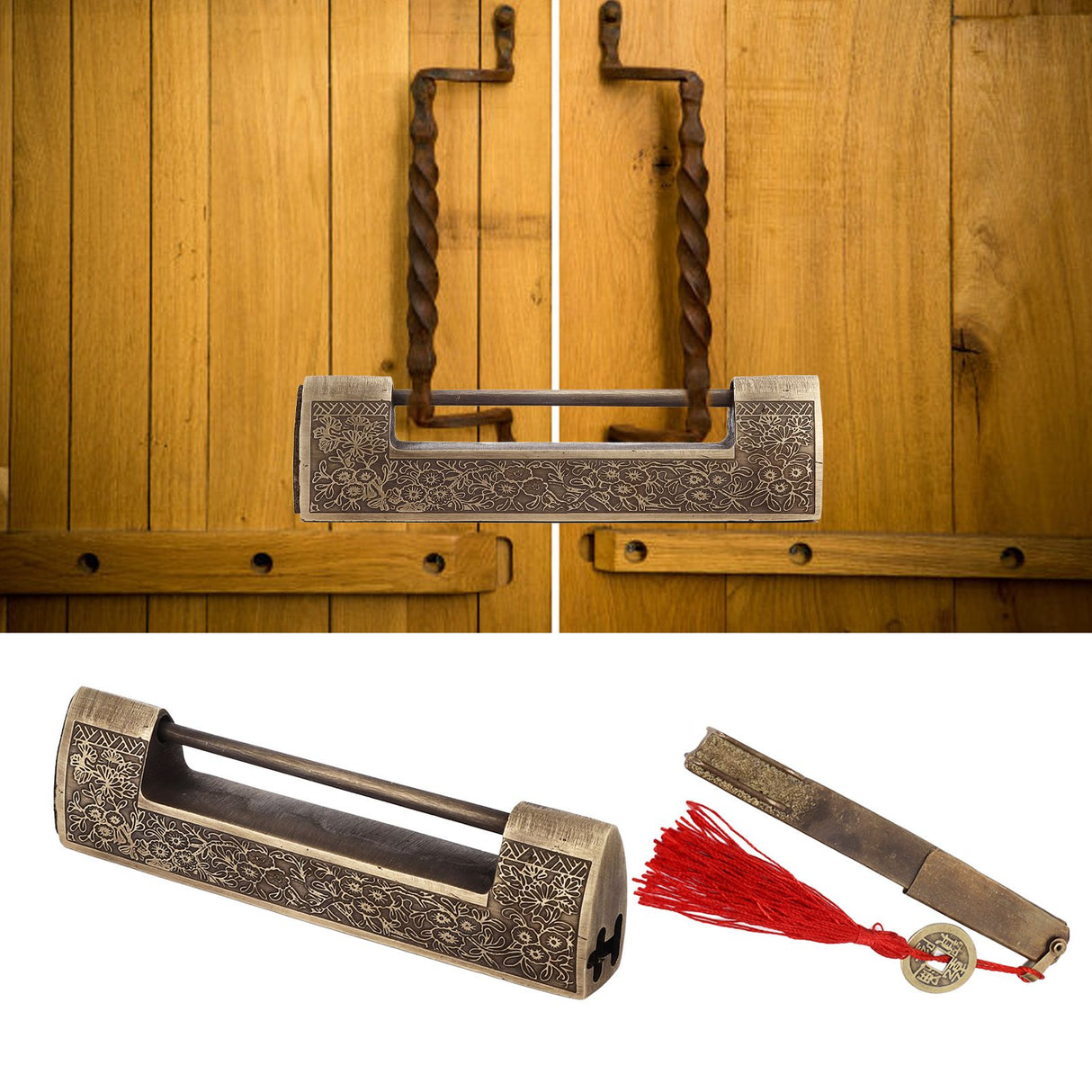Chinese Antique Lock Retro Spacing 9cm/3.5in Classic Pattern Brass Horizontal Padlock Lock for Gift Boxes Cabinets