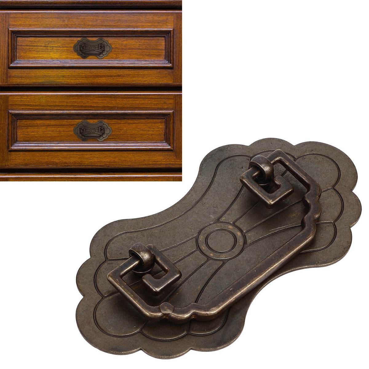Antique Drawer Handle 12.8x7cm Wealth Blossoms Retro Chinese Style Brass Vintage Drawer Pulls with 2 Screws for Bookcase Bronze